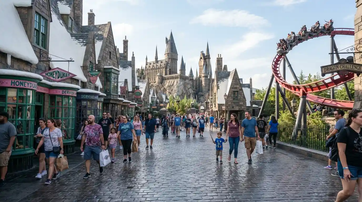 Visitors exploring a colorful theme park with immersive attractions in Universal Orlando