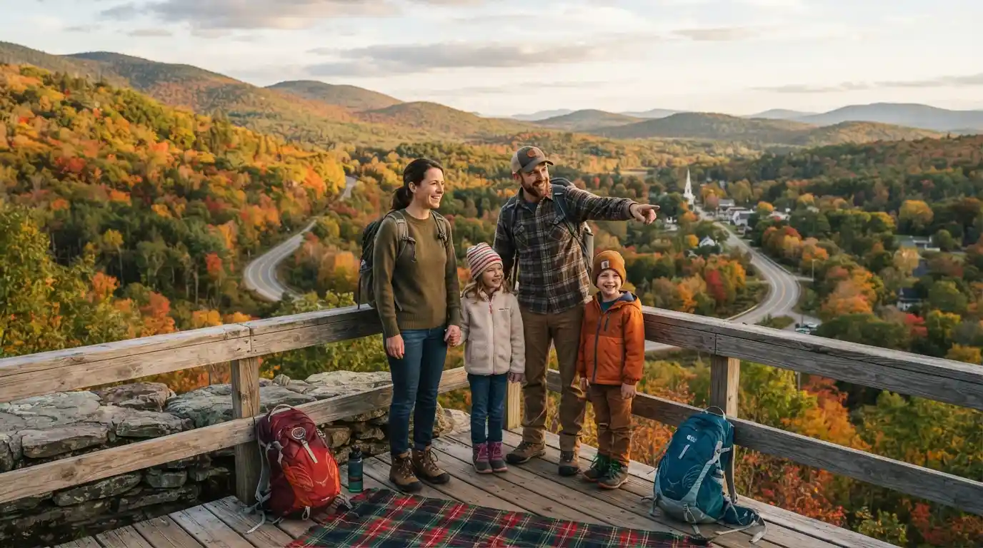 Family enjoying a scenic Vermont mountain landscape surrounded by autumn foliage