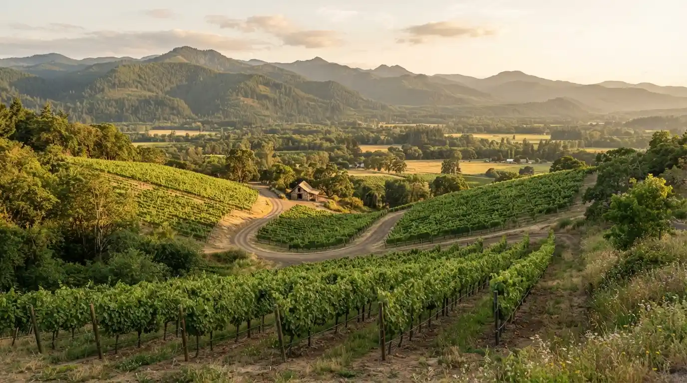 Rolling vineyards and forested hills in Oregon's Willamette Valley