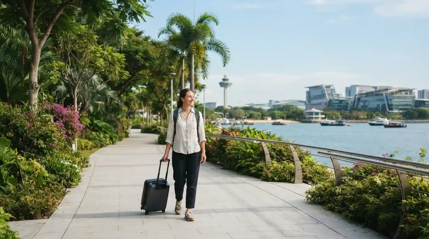 Traveler exploring a tropical waterfront area near Changi Airport in Singapore