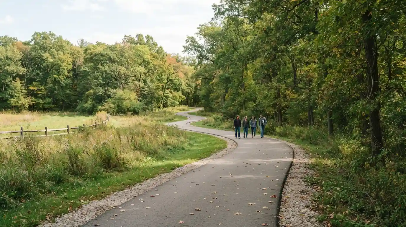 Scenic nature trail through a park near Farmington Hills, Michigan