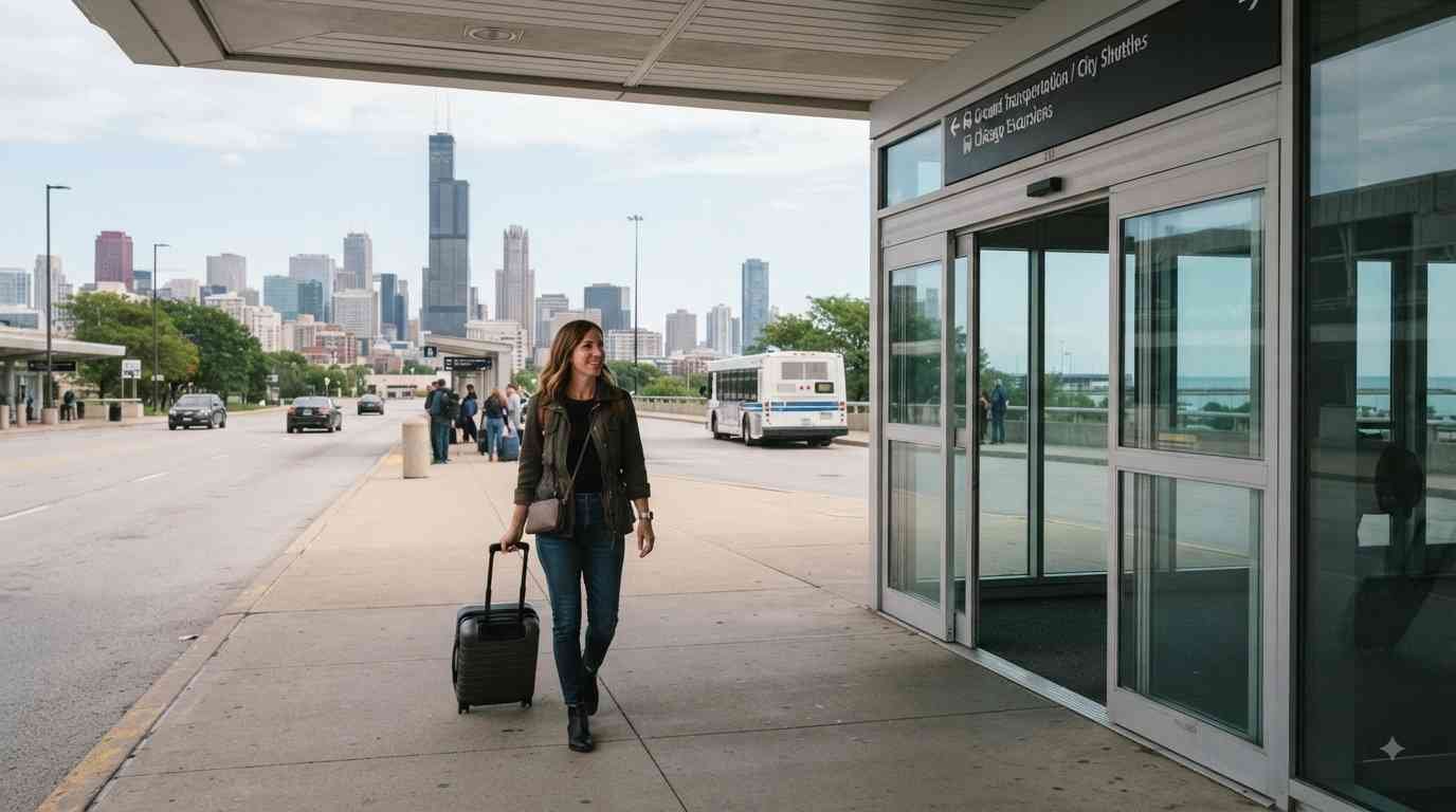 Traveler with carry-on near O’Hare Airport with the Chicago skyline in the background