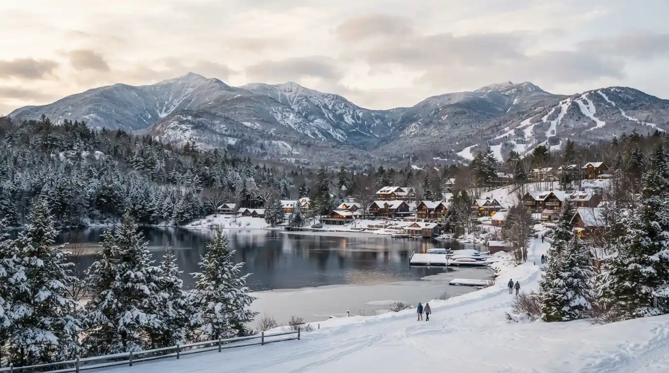 Snow-covered Adirondack mountains and a lakeside village in New York State during winter
