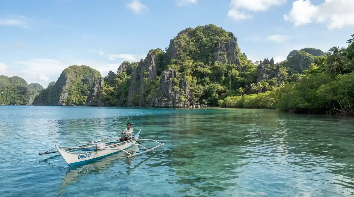 Tropical limestone islands and turquoise waters near Puerto Princesa, Palawan