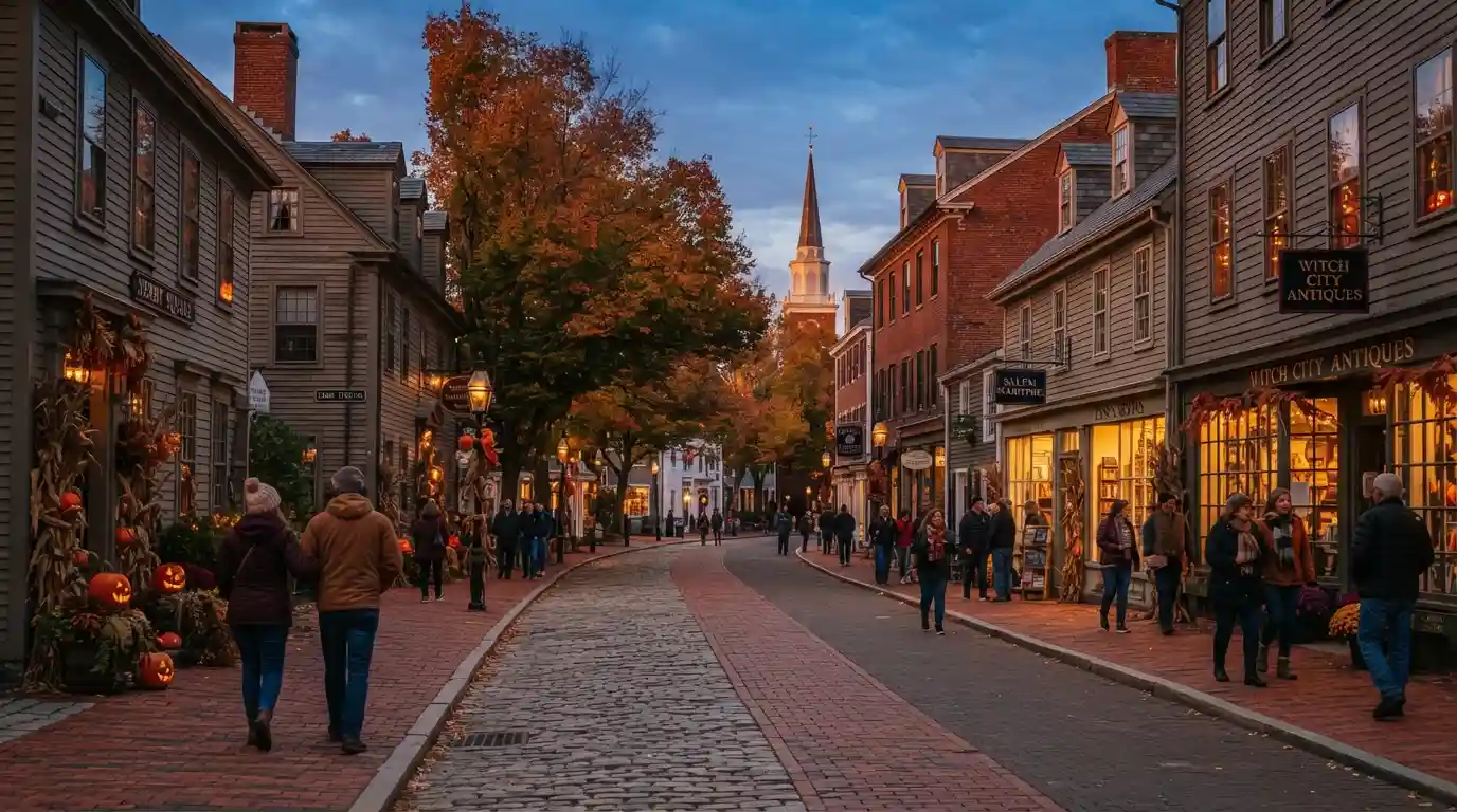 Historic Salem Massachusetts street decorated for Halloween in autumn