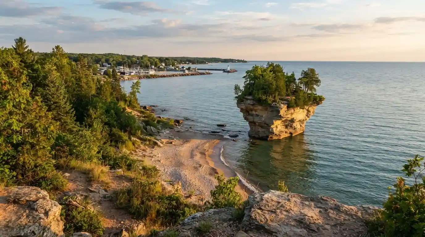 Scenic Lake Huron shoreline in Michigan’s Thumb region with rocky coastal scenery
