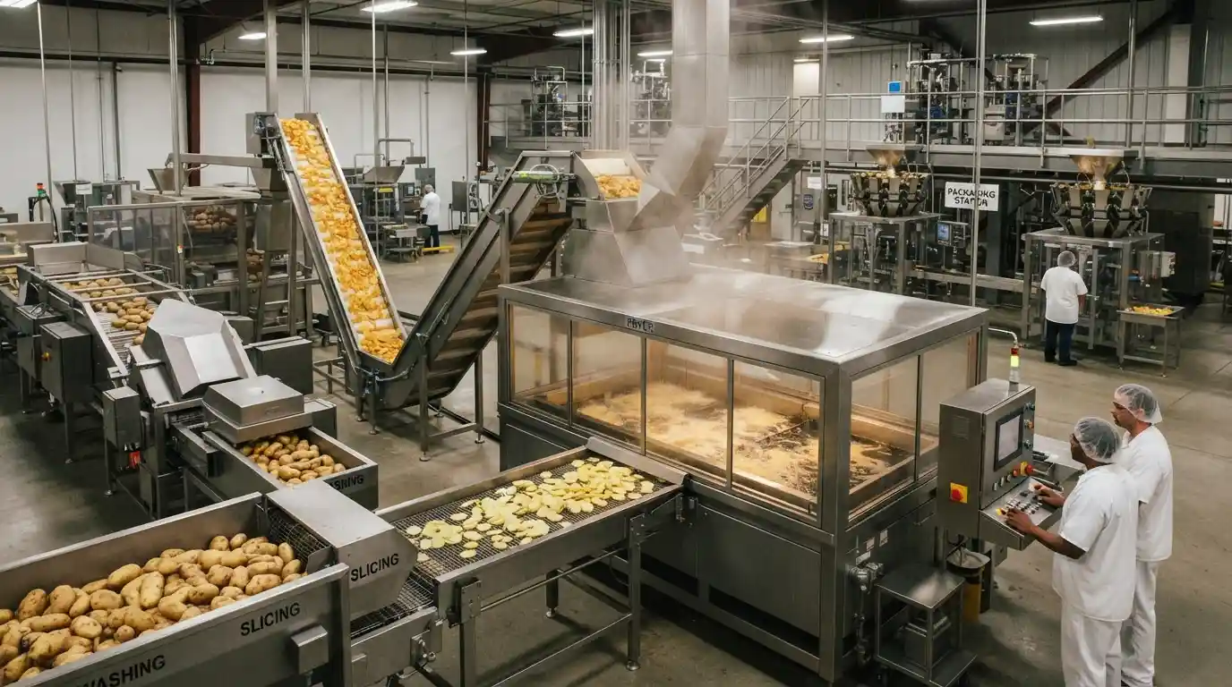 Commercial potato chips production line with stainless-steel processing machinery and conveyors