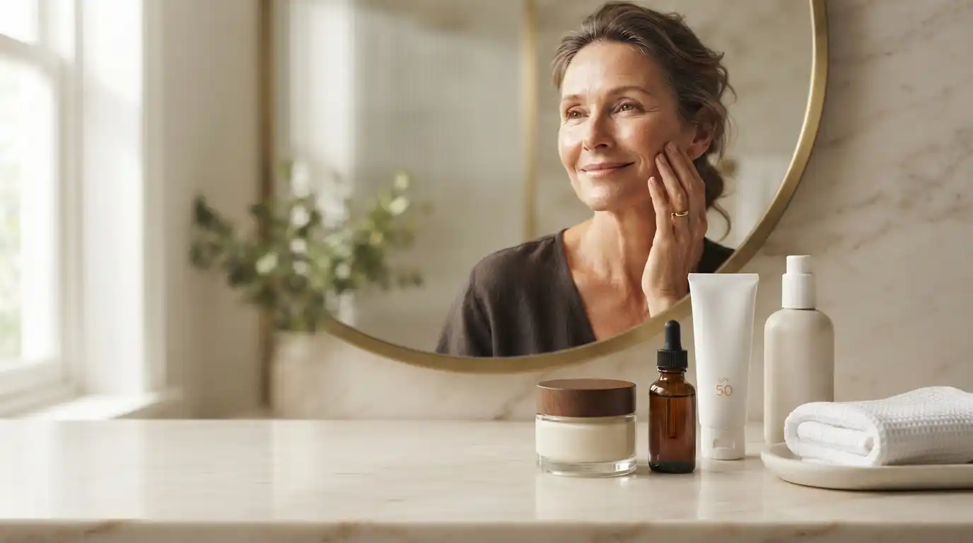 Adult woman with healthy radiant skin beside a simple anti-aging skincare routine