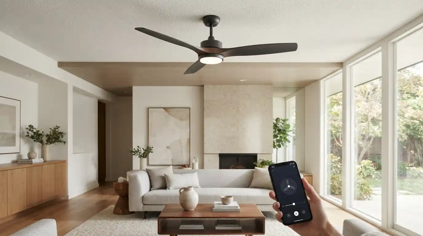 Modern smart ceiling fan with integrated lighting in a contemporary living room