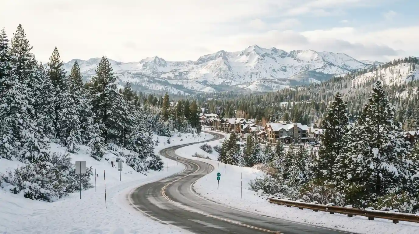Snow-covered Sierra Nevada landscape along a scenic winter road near Sacramento, California