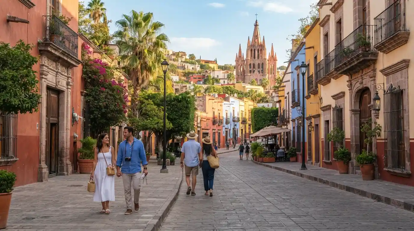 Travelers exploring a colorful Mexican destination street with colonial architecture and tropical surroundings