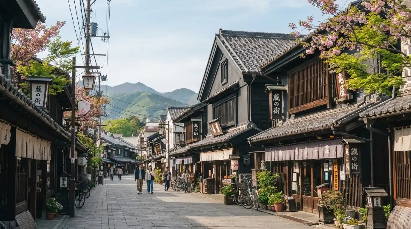 Historic Japanese streets and mountain scenery representing Saitama, Japan