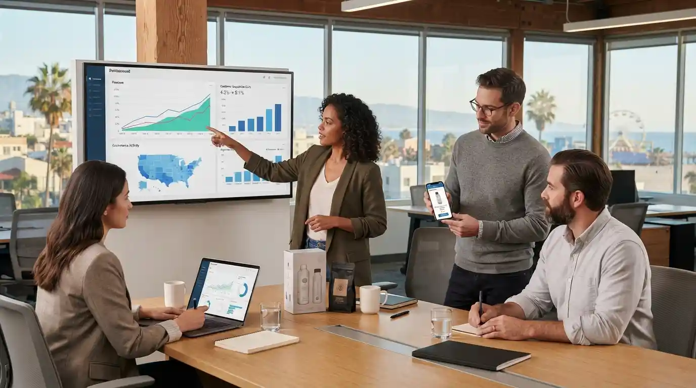 Marketing team analyzing digital campaign performance and customer metrics in a Santa Monica office