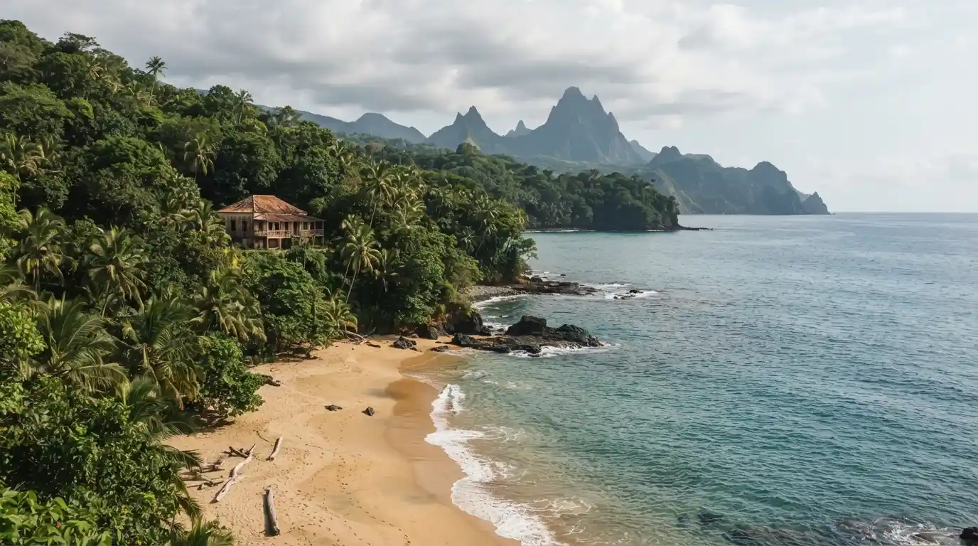 Tropical beach, rainforest, and volcanic landscape in São Tomé and Príncipe
