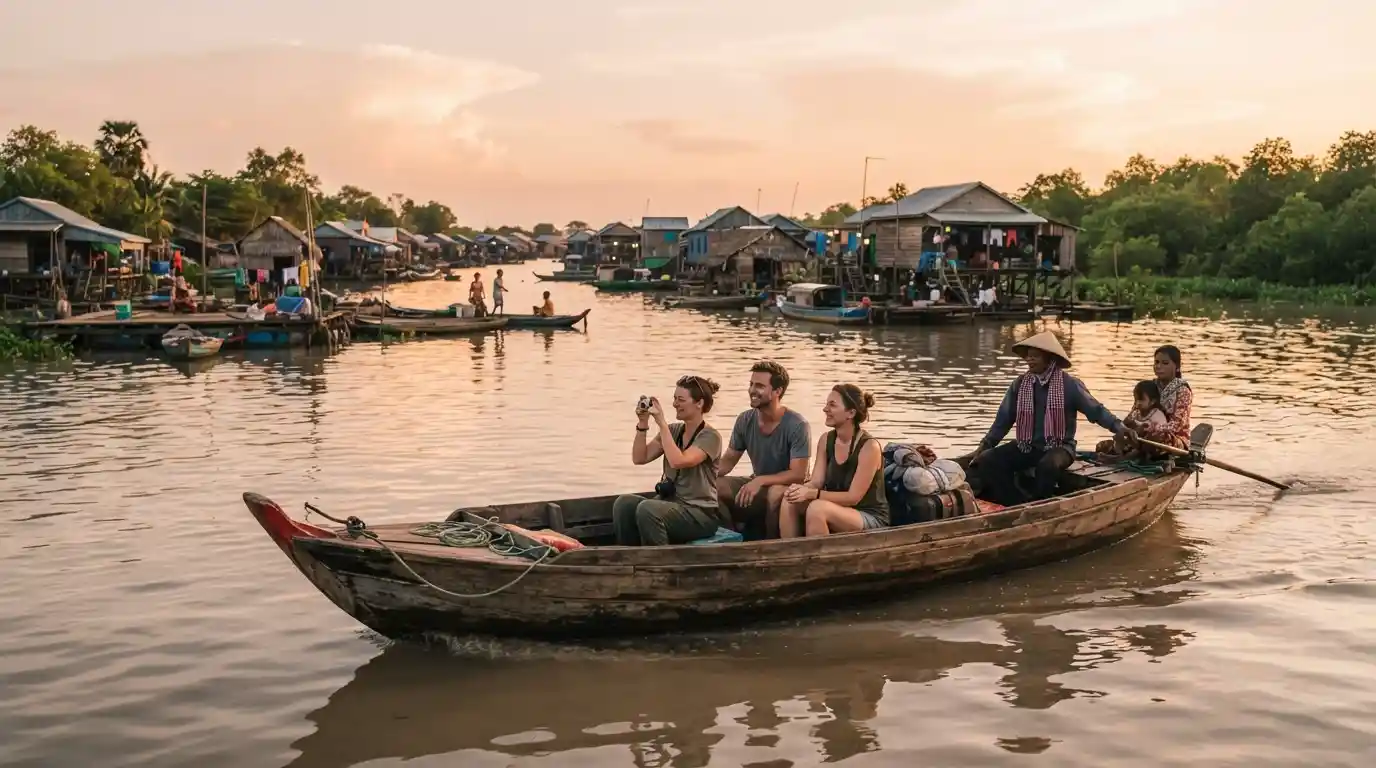 Travelers exploring Tonlé Sap Lake near Siem Reap with floating village homes in the background