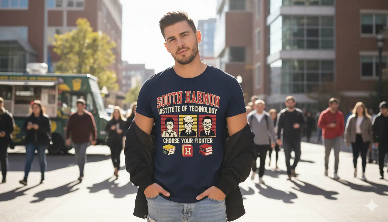 A model wearing a South Harmon Institute of Technology shirt styled with a bold choose your fighter design.