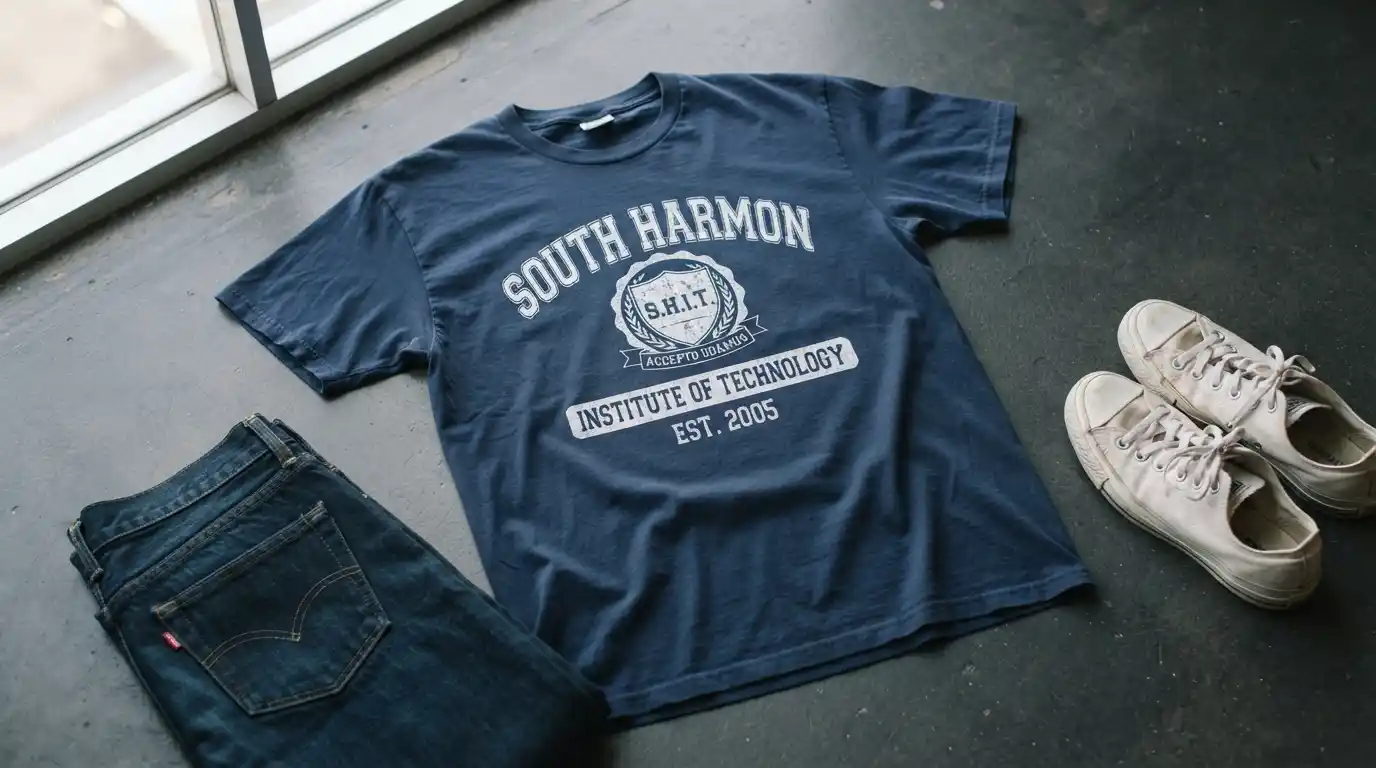 College-style South Harmon Institute of Technology graphic T-shirt styled with casual jeans and sneakers
