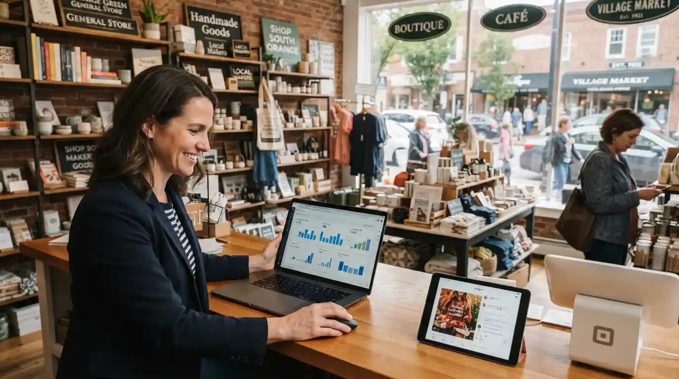 Local business owner reviewing digital marketing analytics alongside consumer products in South Orange