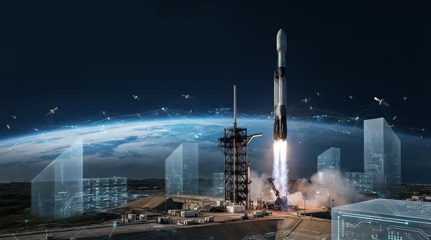 SpaceX-style rocket launching with satellites and AI computing infrastructure represented above Earth