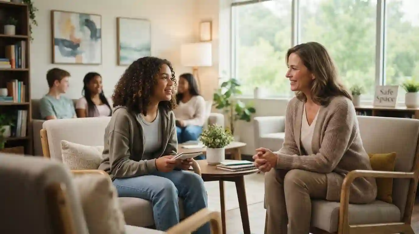 Teenagers having a supportive conversation with an adult in a welcoming school environment