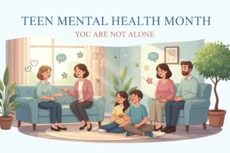 Teen Mental Health Month awareness image showing teenagers receiving emotional support and mental wellness care