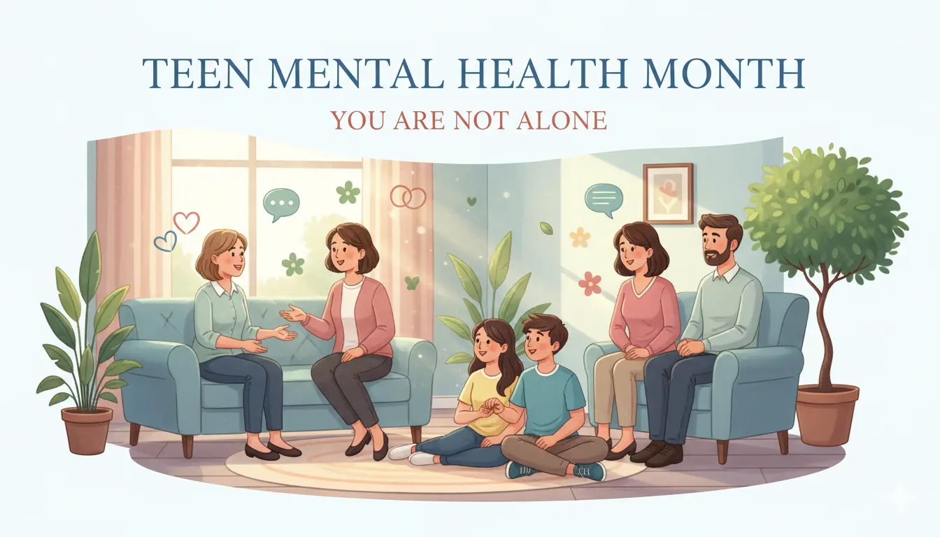 Teen Mental Health Month awareness image showing teenagers receiving emotional support and mental wellness care