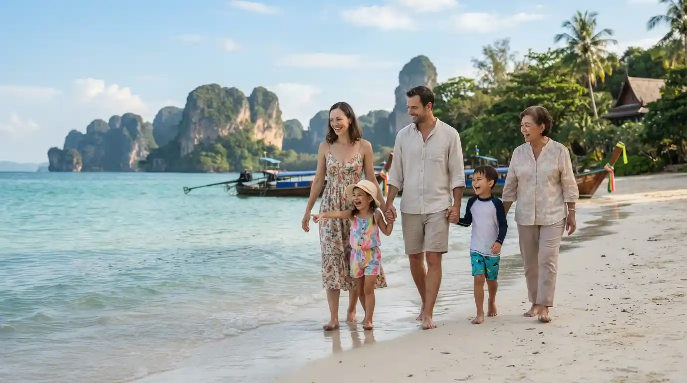 Family enjoying a tropical beach vacation in Thailand with turquoise water and limestone islands in the background