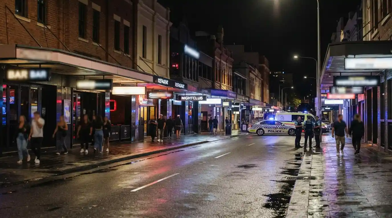 Image Alt Text: Nighttime view of Perth's Northbridge nightlife district representing the Tim Picton assault case