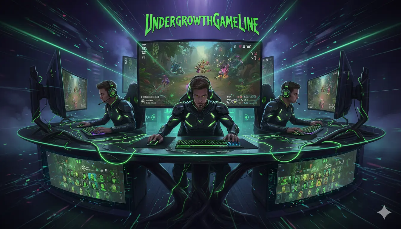 UndergrowthGameLine online gaming event featuring competitive esports players and a futuristic virtual gaming arena