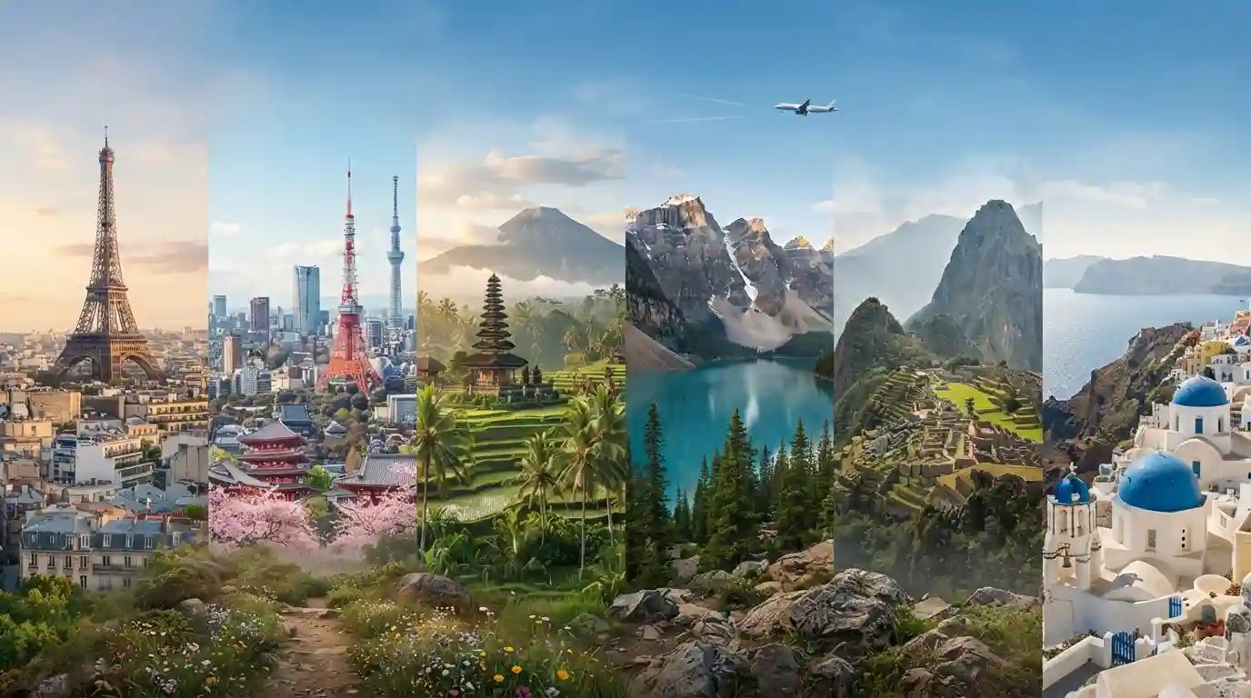Global travel scene featuring iconic destinations including Paris, Tokyo, Bali, Banff, and Machu Picchu