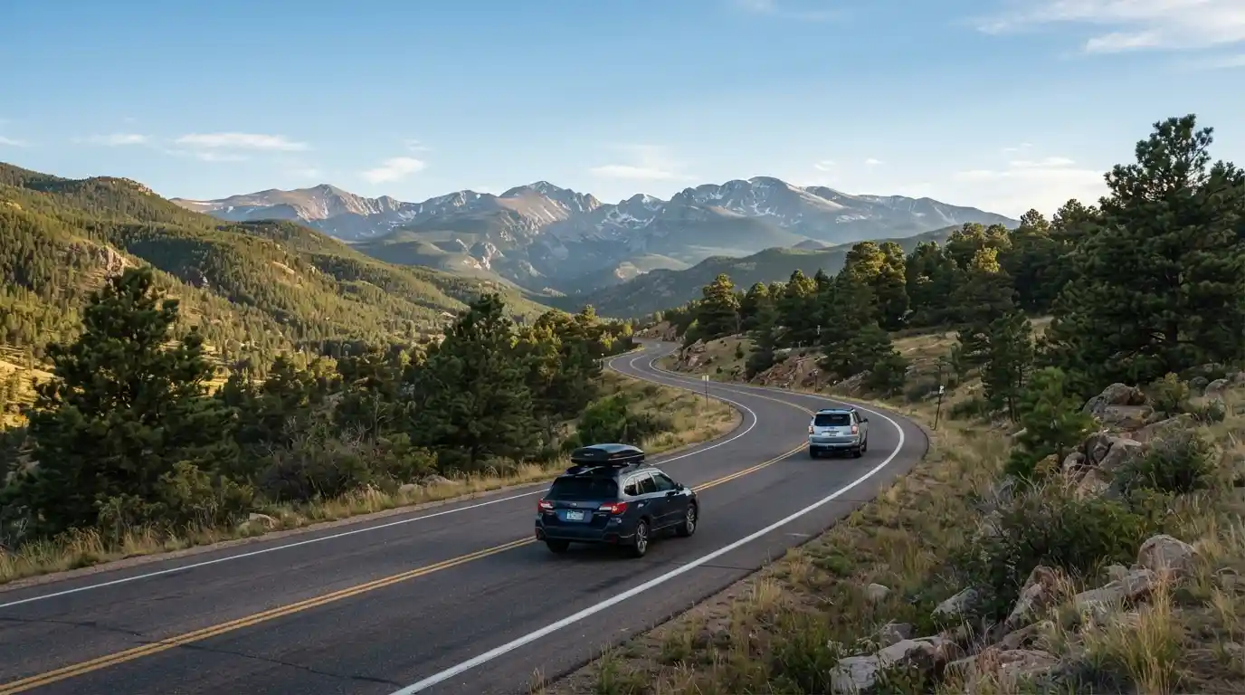 Mountain landscape near Denver, Colorado with a scenic road leading toward the Rocky Mountains