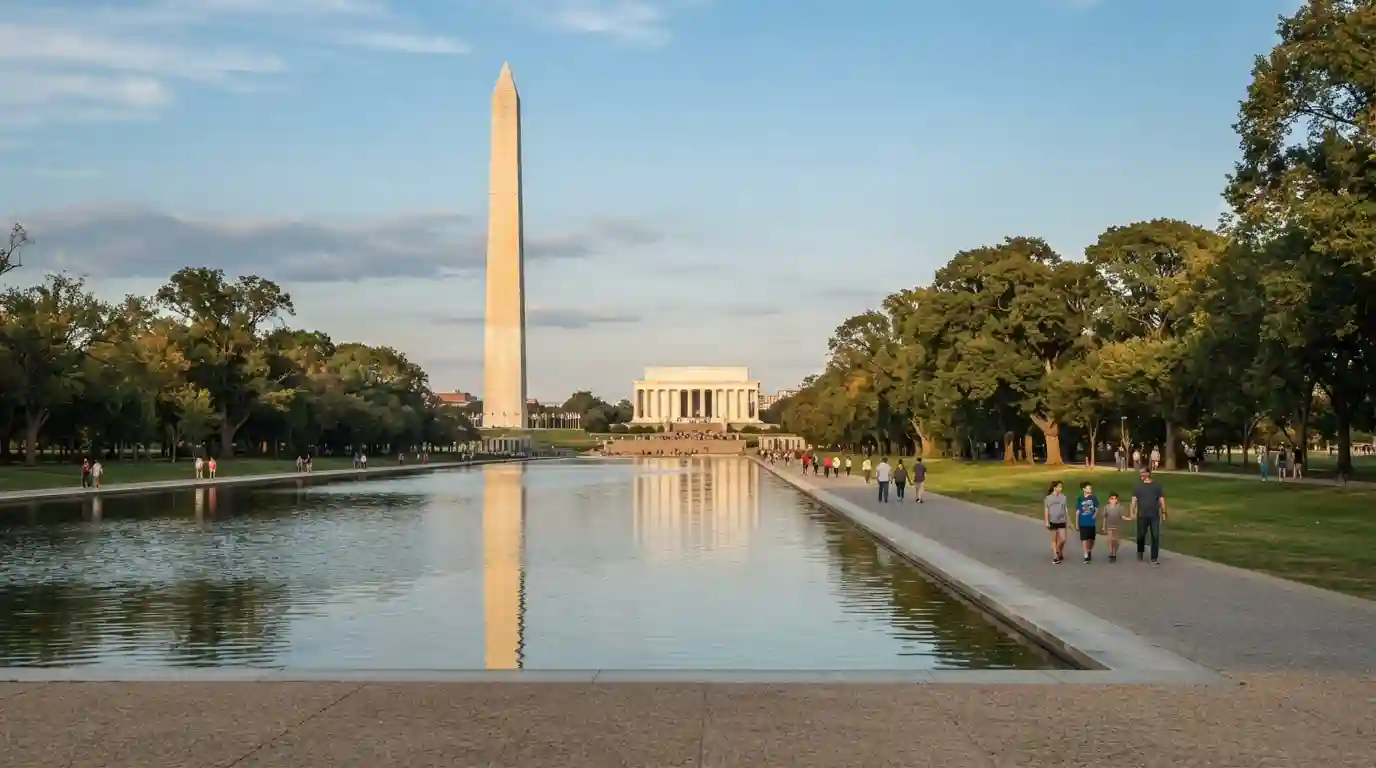 Washington Monument and Lincoln Memorial along the National Mall in Washington DC
