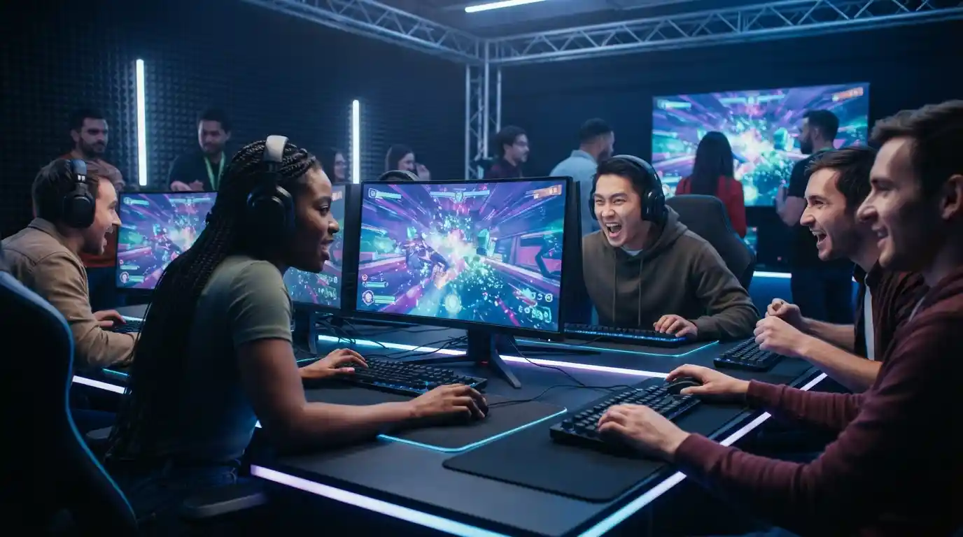 Gamers participating in a lively online gaming event with competitive gameplay displayed on multiple screens