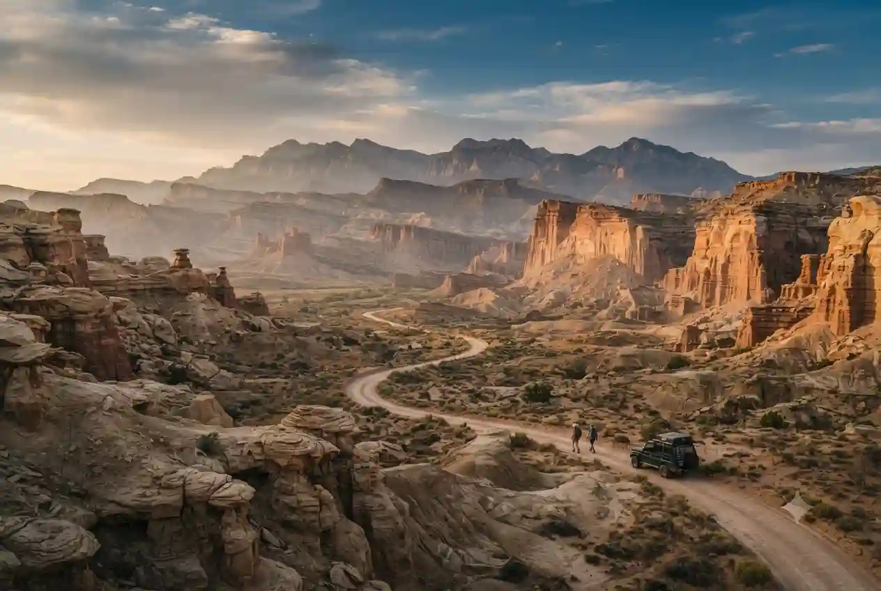 Remote North American landscape with dramatic rock formations, mountains, a scenic road, and travelers