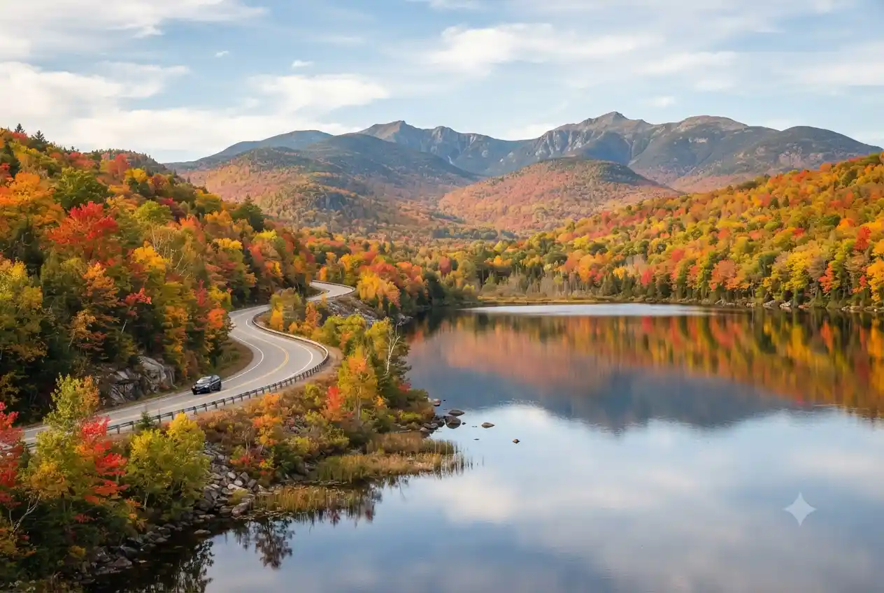 Autumn landscape in Upstate New York with colorful trees surrounding a mountain lake