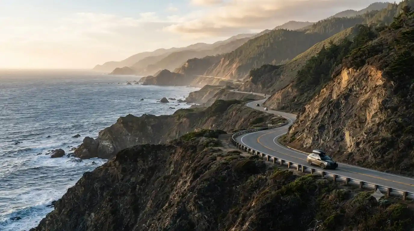 Pacific Coast landscape with dramatic cliffs, ocean, mountains, and a scenic road at sunset