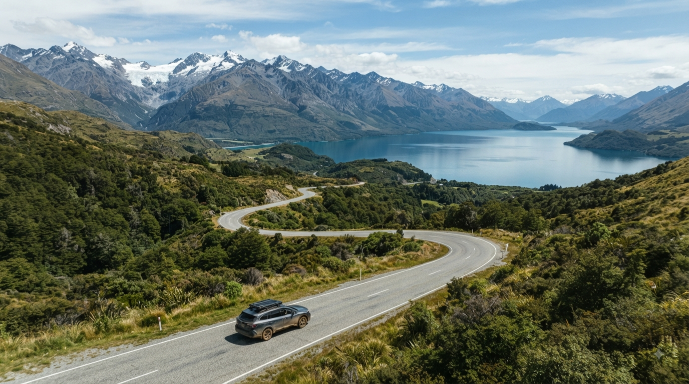 Scenic New Zealand mountain landscape with a lake and winding road