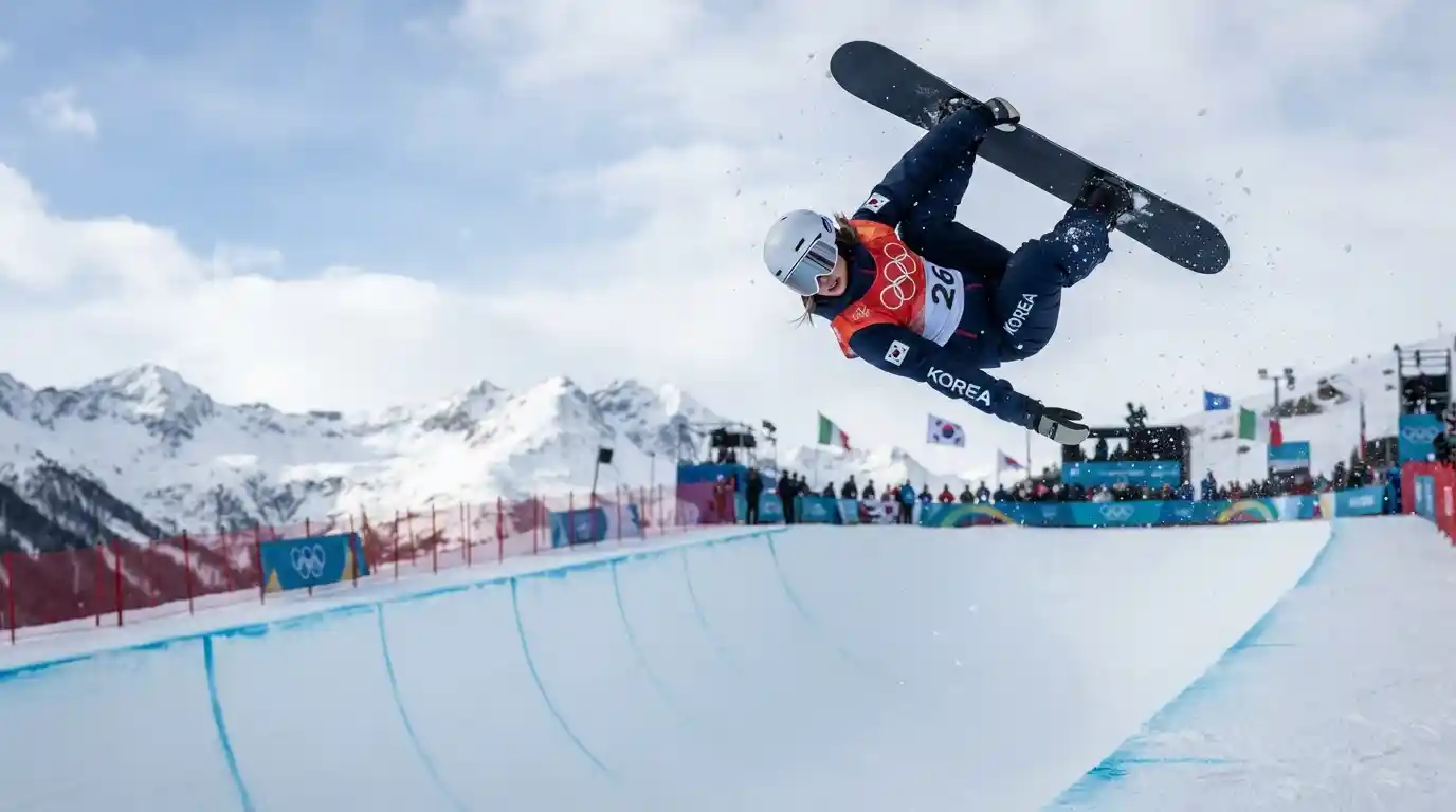 South Korean snowboarder performing an aerial maneuver above a snowy halfpipe during a winter sports competition.