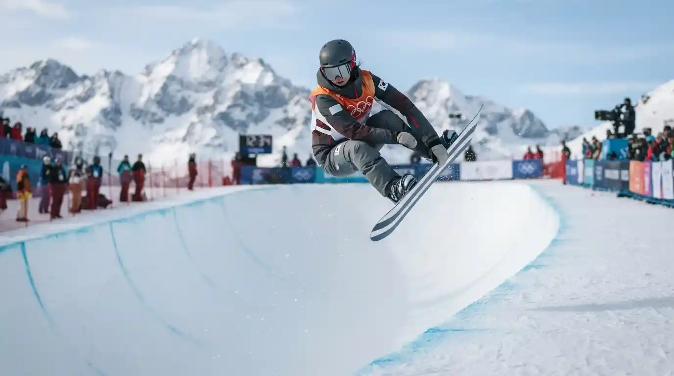 A snowboarder performs an aerial trick above a snow-covered halfpipe in a snowy Alpine competition setting.