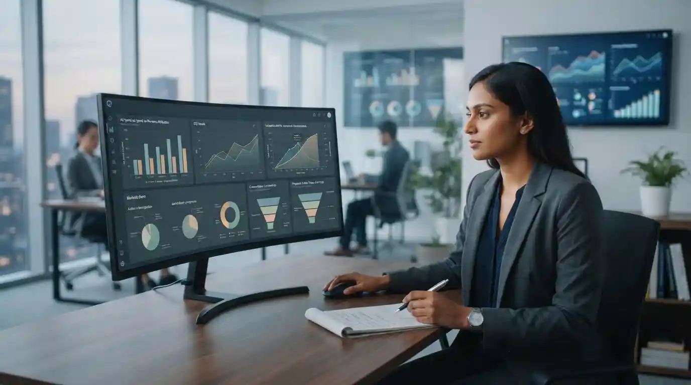 Business analyst reviewing digital advertising performance and valuation data on a modern analytics dashboard