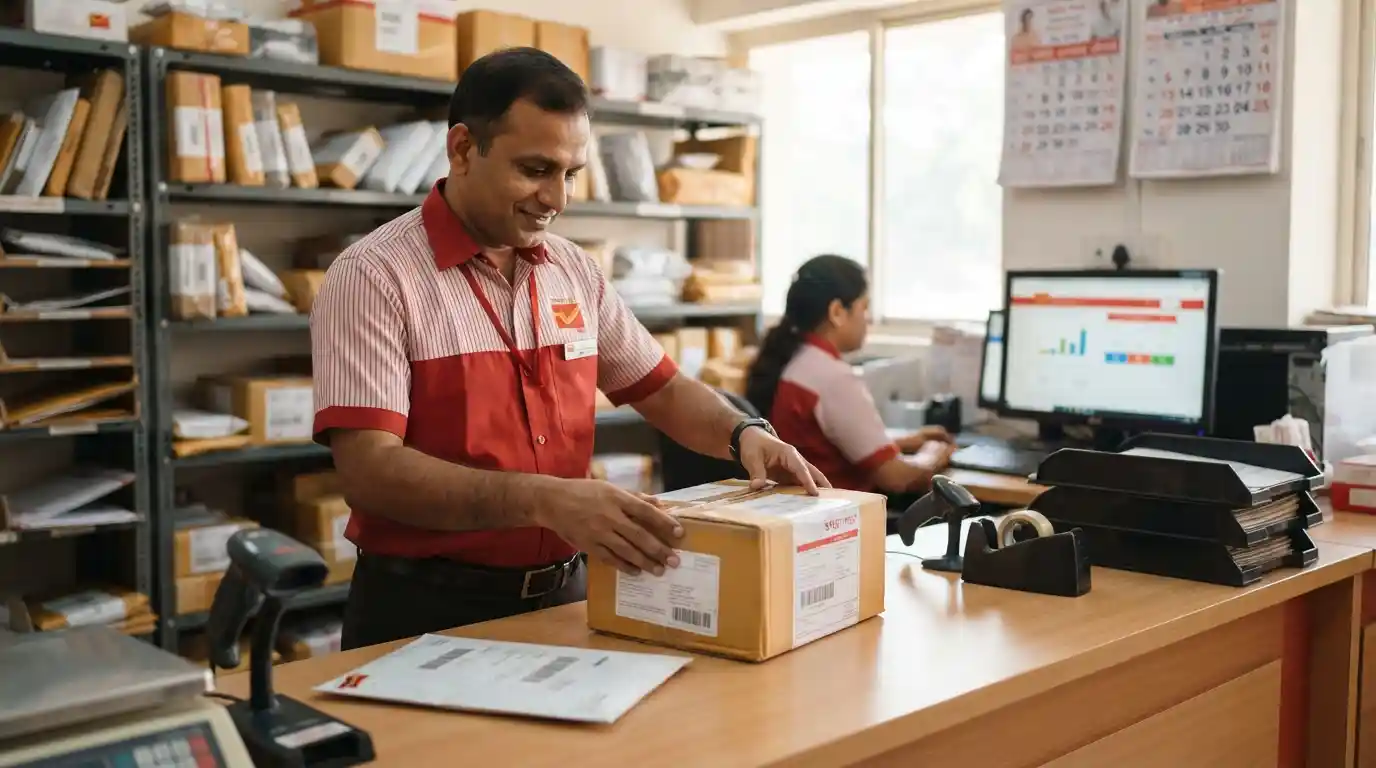 Postal worker handling a parcel at an Indian post office counter.