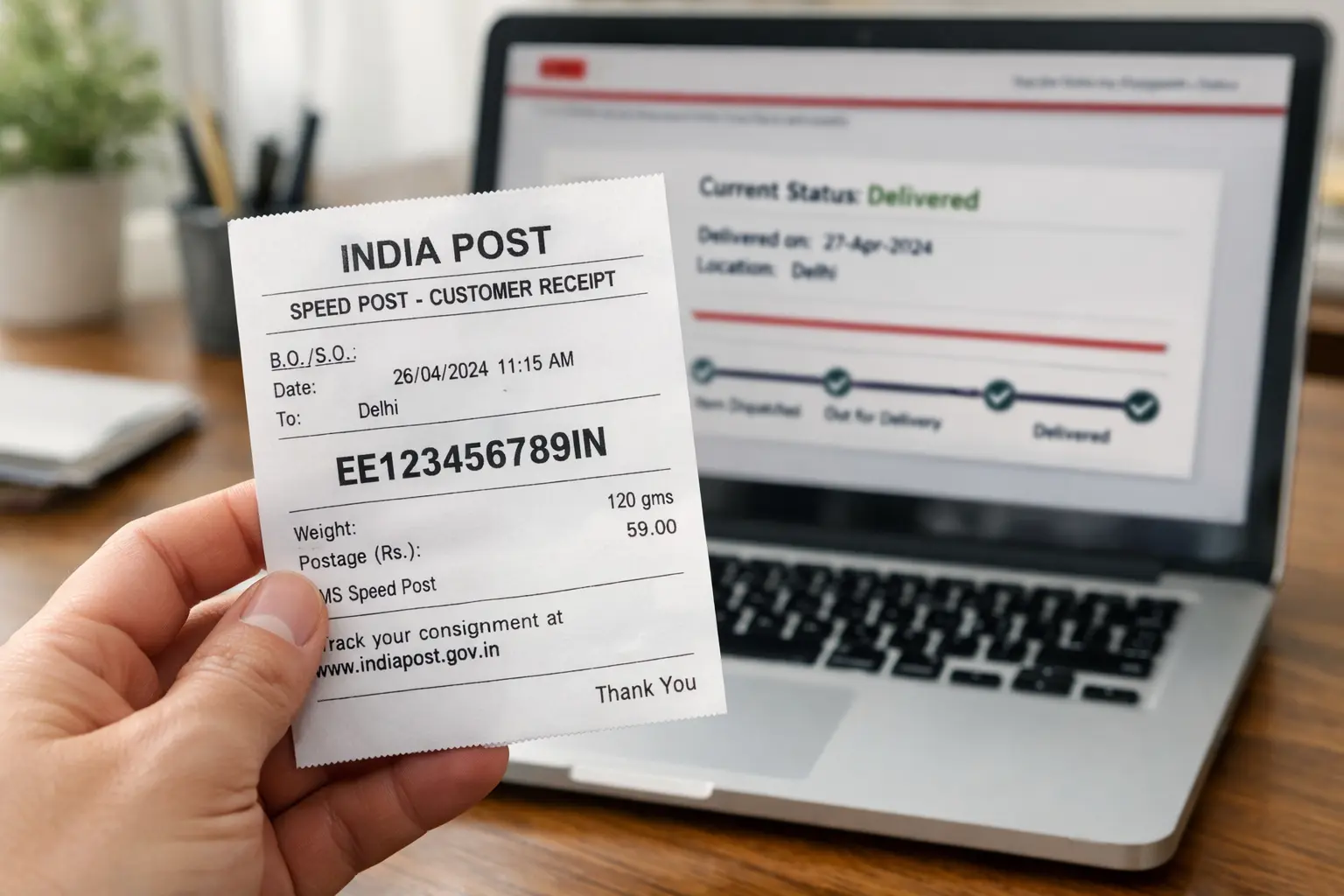 Speed Post tracking number on India Post receipt with online consignment status displayed on laptop screen