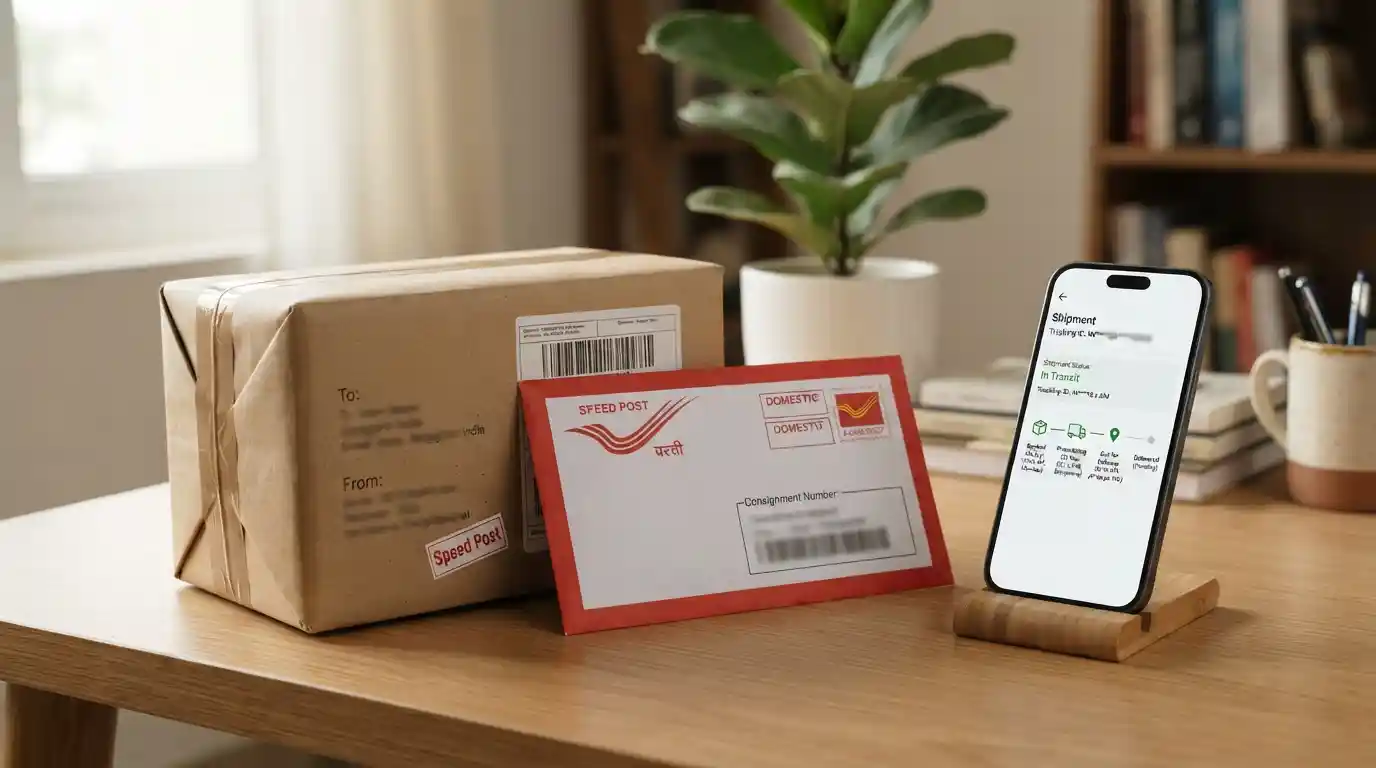 A postal parcel and express mail envelope beside a smartphone displaying a shipment tracking timeline.