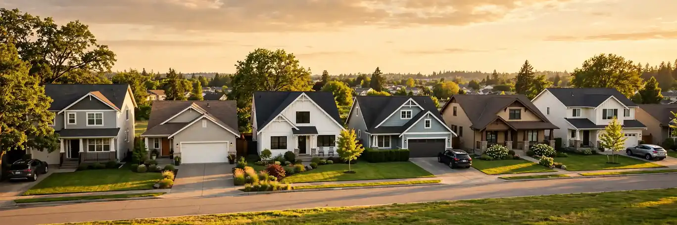 Row of suburban American houses at golden hour representing 1031 exchange investment properties