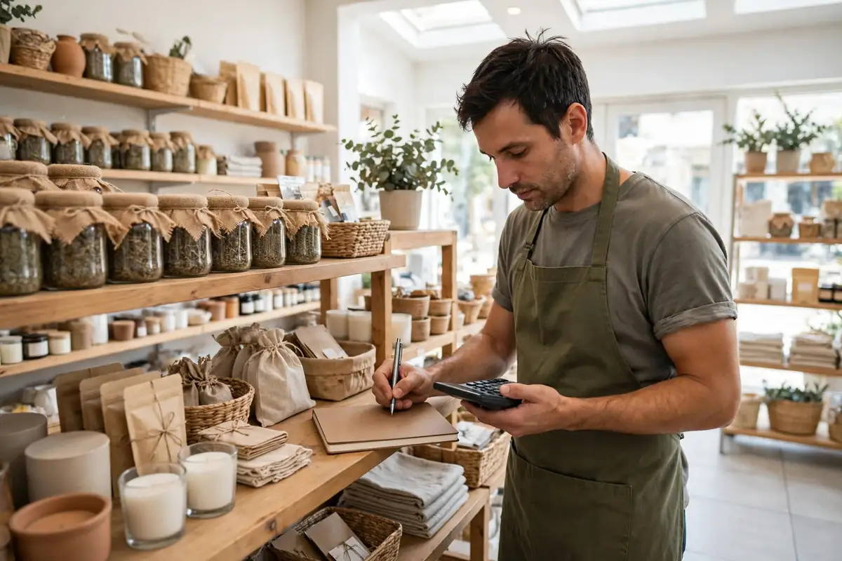 Small shop owner calculating gross profit margin while pricing products on shelves