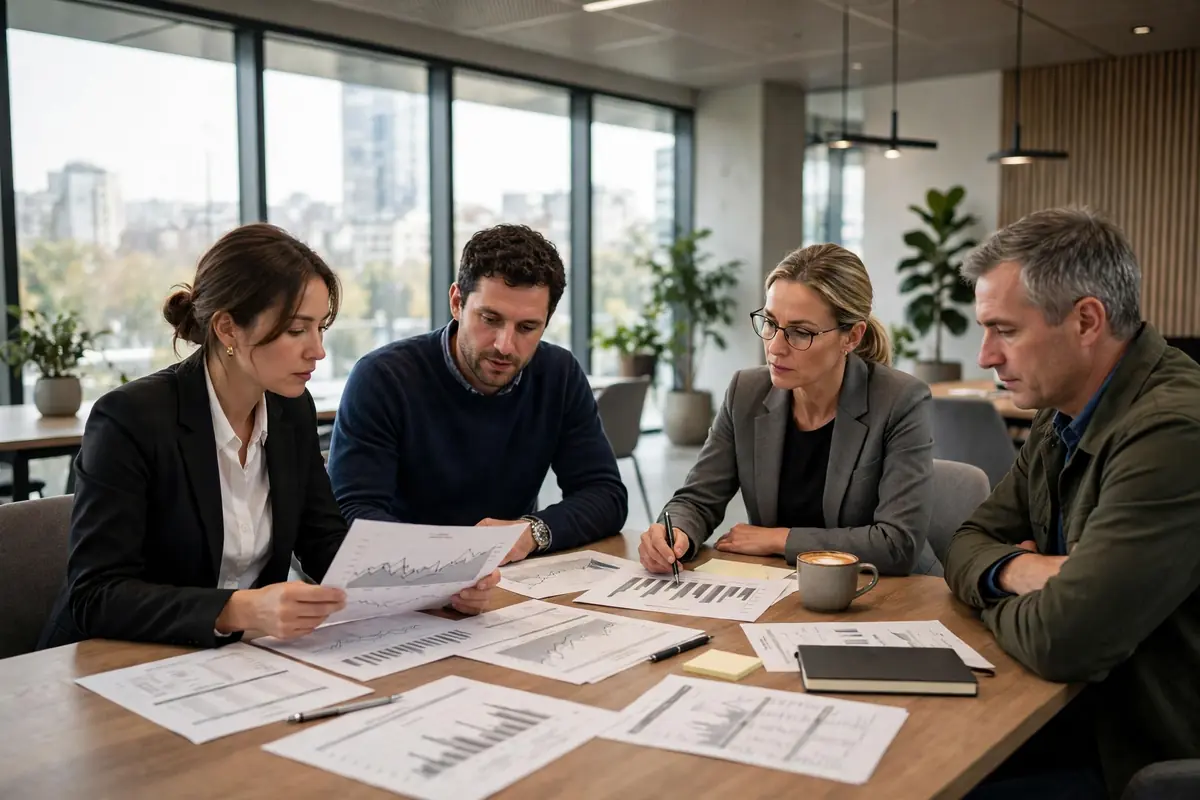 Finance team reviewing EBITDA earnings charts and financial reports in an office