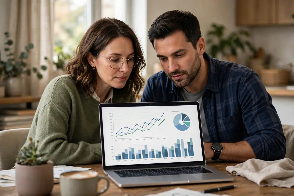 Professional couple reviewing retirement savings charts on a laptop at home — 401(k) for beginners guide 2026