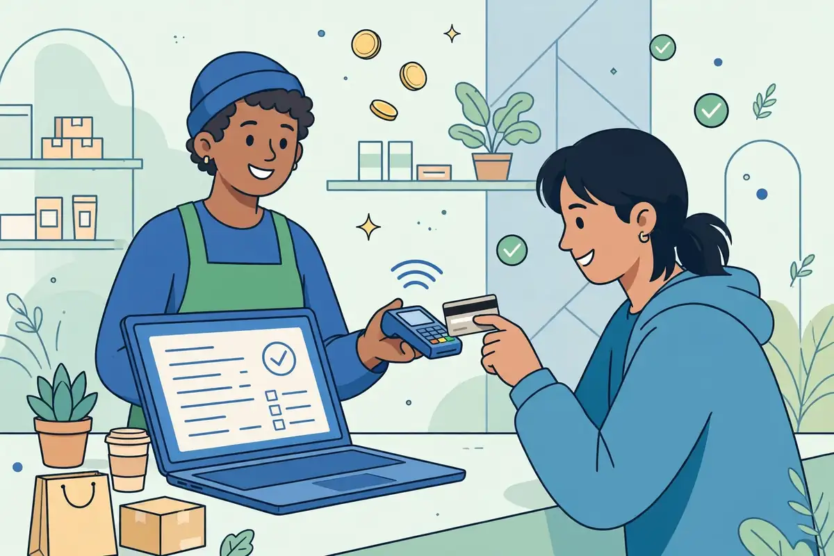 Illustration of how to accept credit card payments in a small business using a reader, online checkout, and invoices