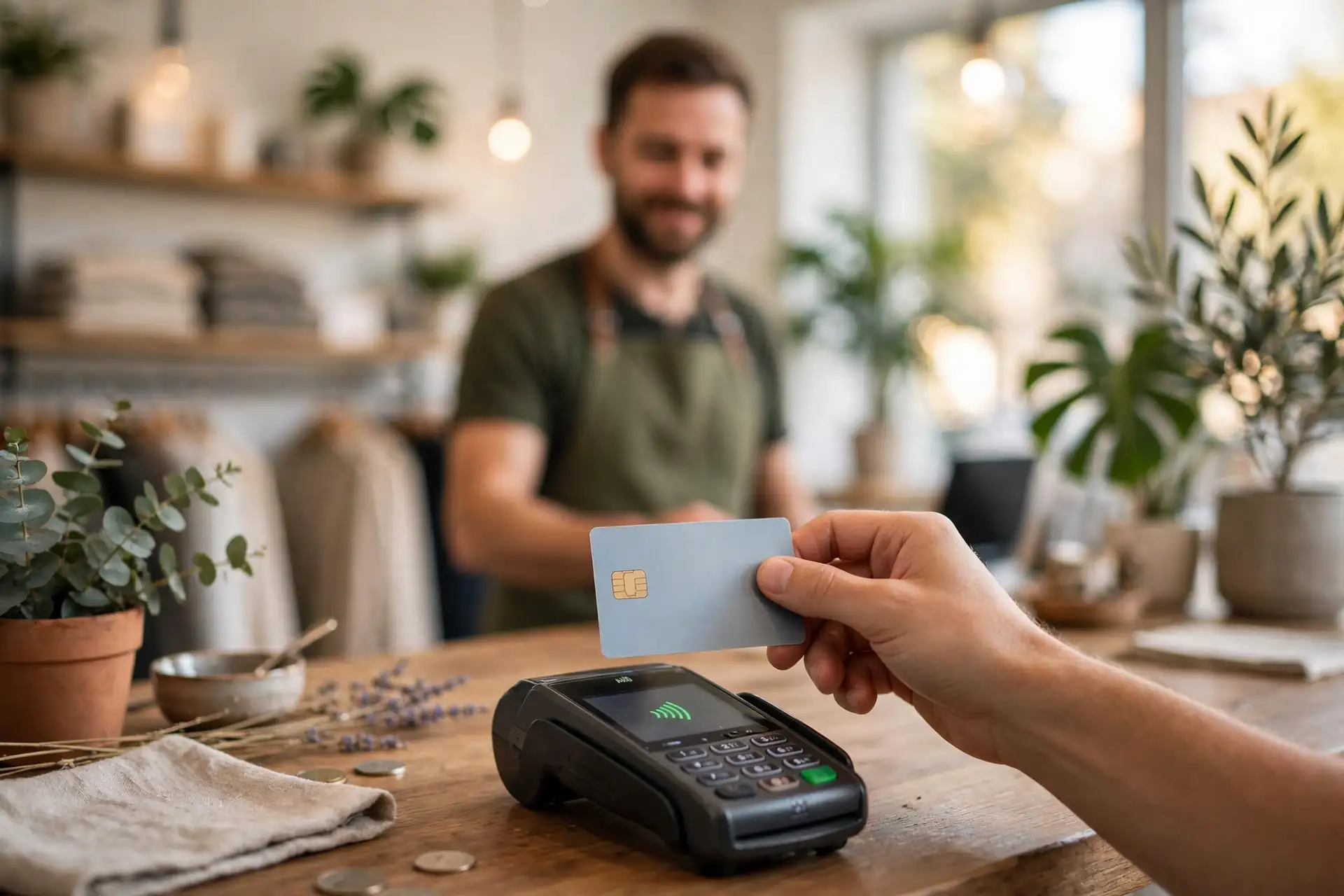 Business owner holding a credit card while paying at a small business shop counter