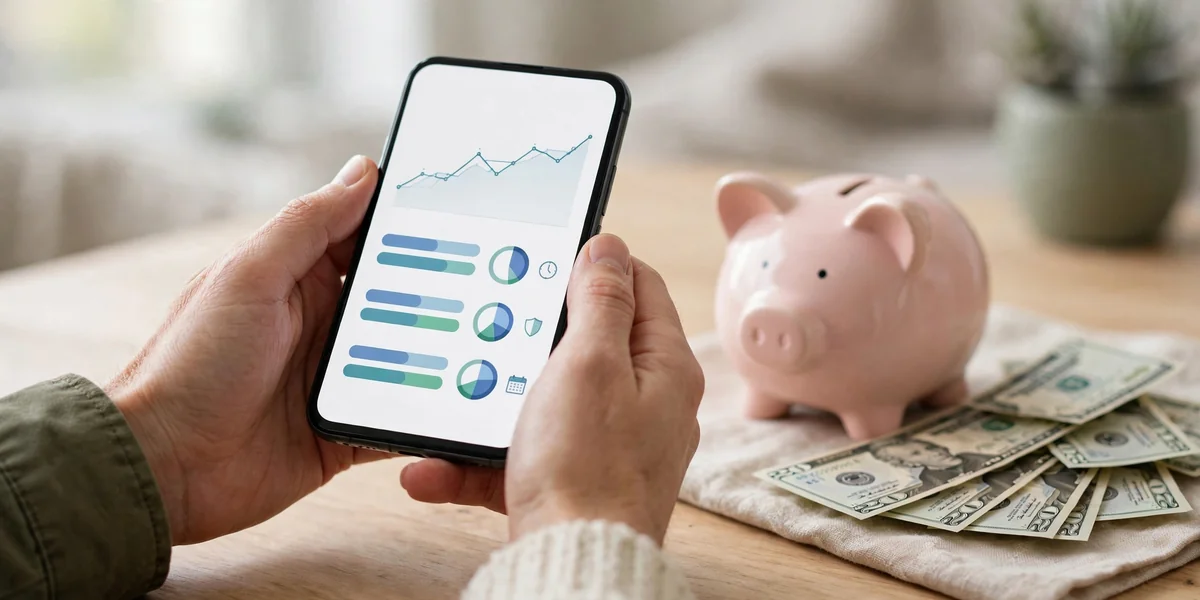 Best CD rates in 2026 – hands holding a phone with a banking app beside a piggy bank and dollar bills